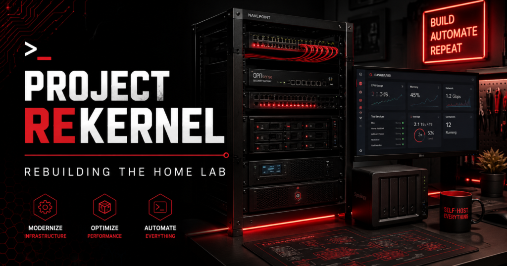 Project ReKernel home lab redesign with servers, networking, storage, and local AI systems
