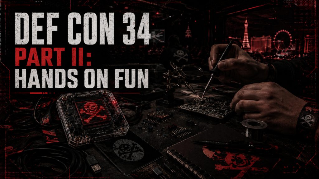 DEF CON 34 hands-on hacking workshop with electronics, soldering, cables, and electronic badge