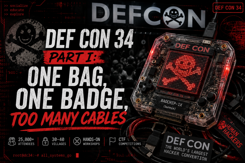 DEF CON 34 electronic hacker badge surrounded by cables and conference graphics