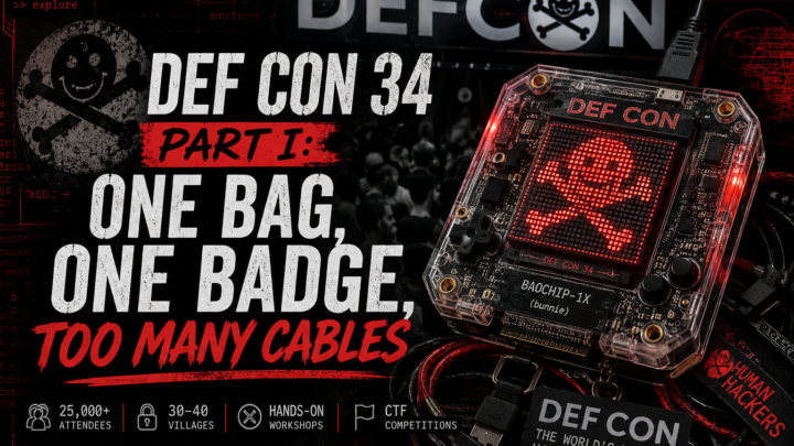 DEF CON 34 electronic hacker badge surrounded by cables and conference graphics